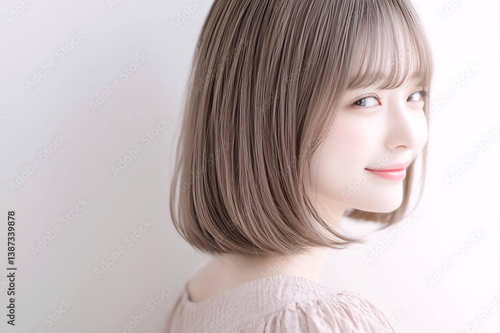 ボブヘアの透明感ベージュカラー